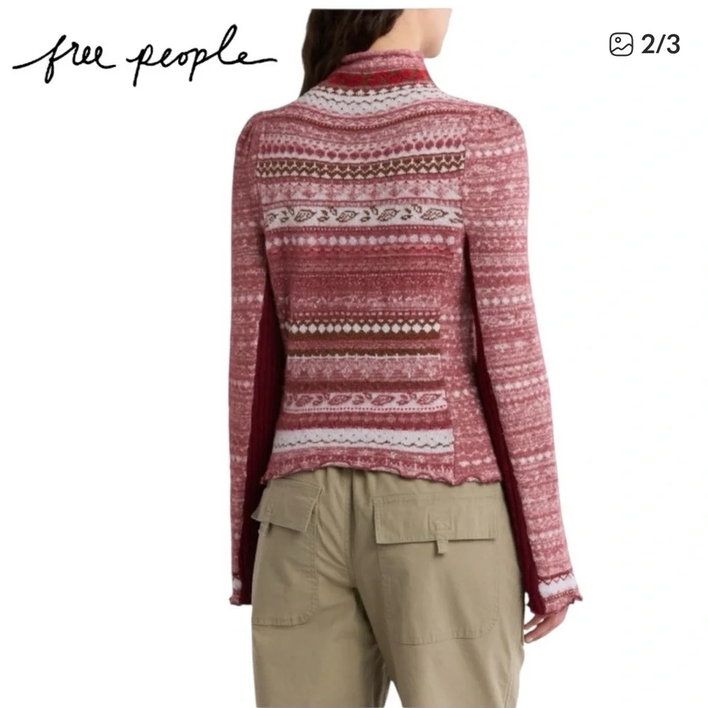 Free People Red & White Fair Isle Turtleneck Sweater
